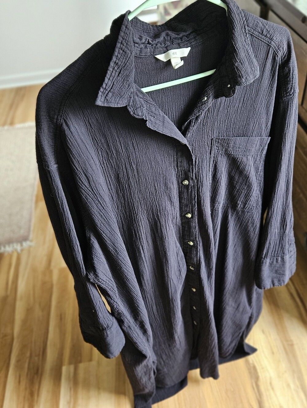 Black Gauzy Cotton Button Down Shirt Dress